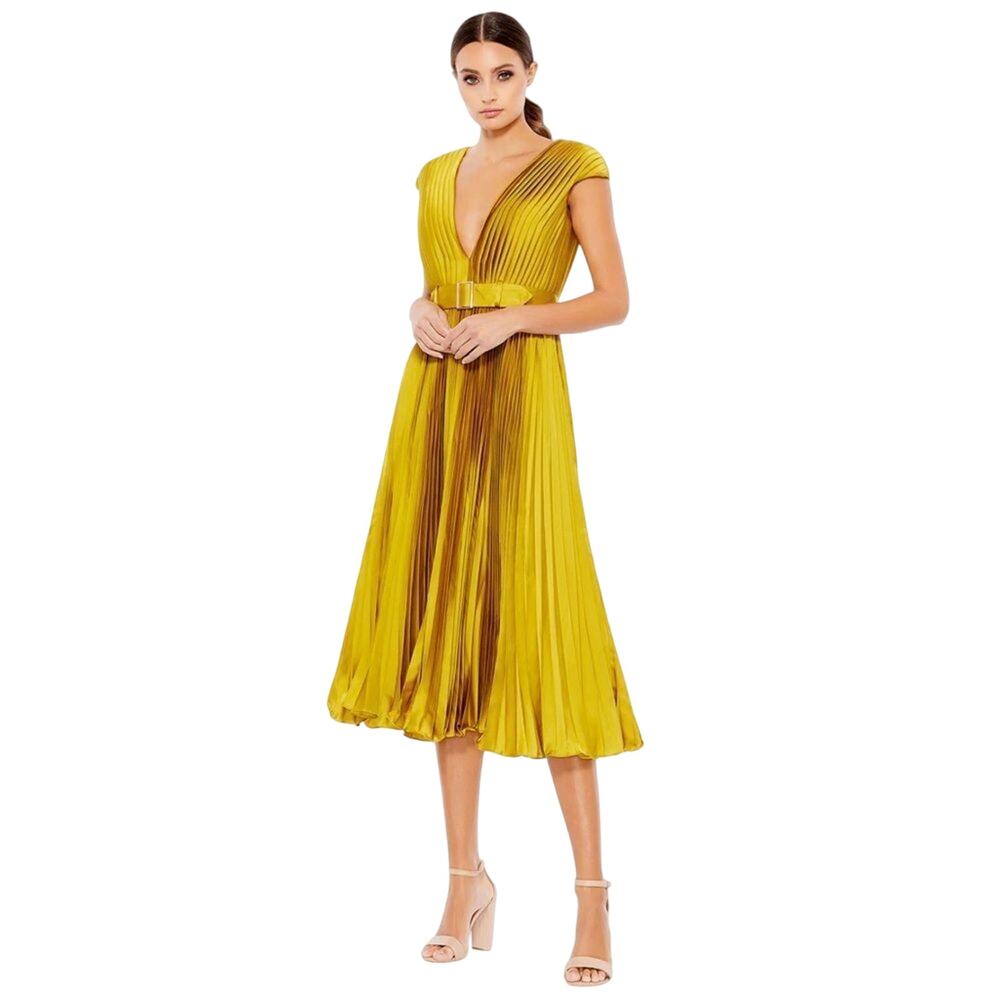 MAC DUGGAL 26483 Pleated Cap Sleeve Satin Midi Gown Size 6 New w/ Tag MSRP $338